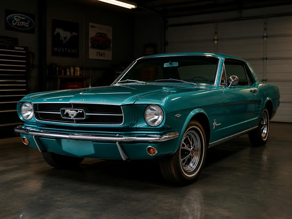 Restored teal classic car in a garage