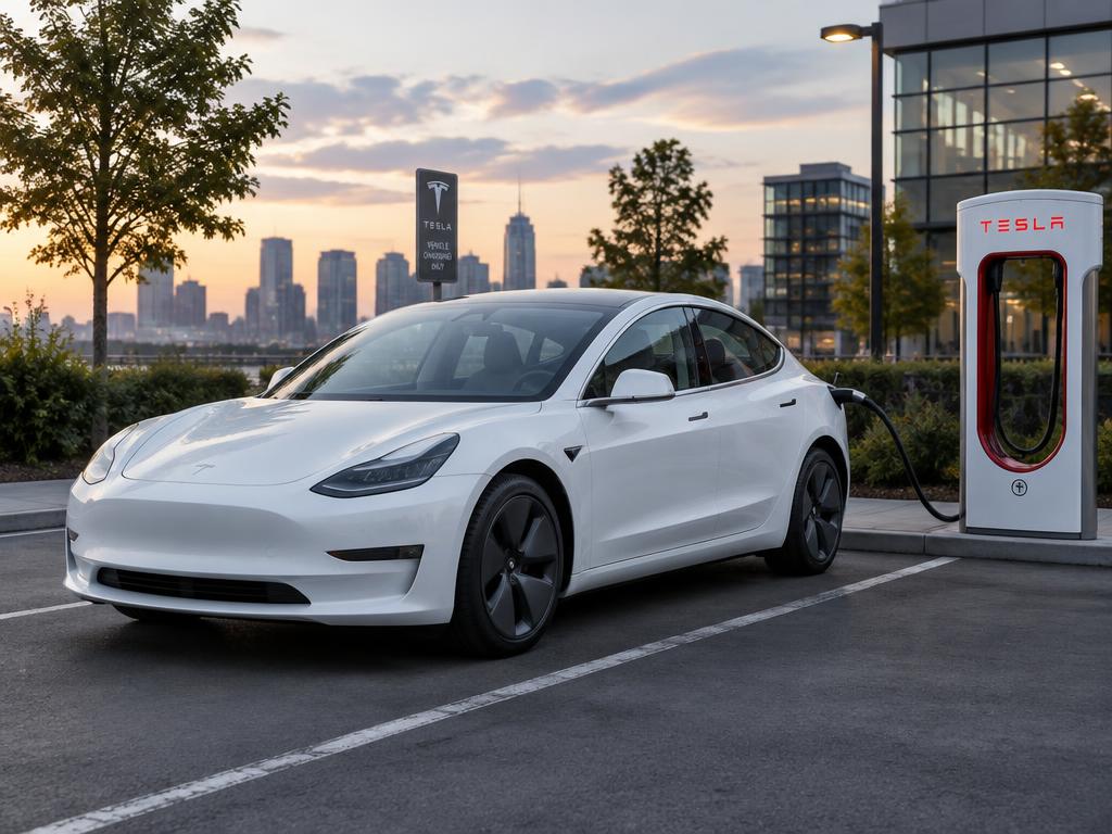 White electric car charging at a charging station