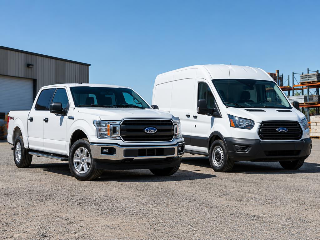 White pickup truck and commercial van