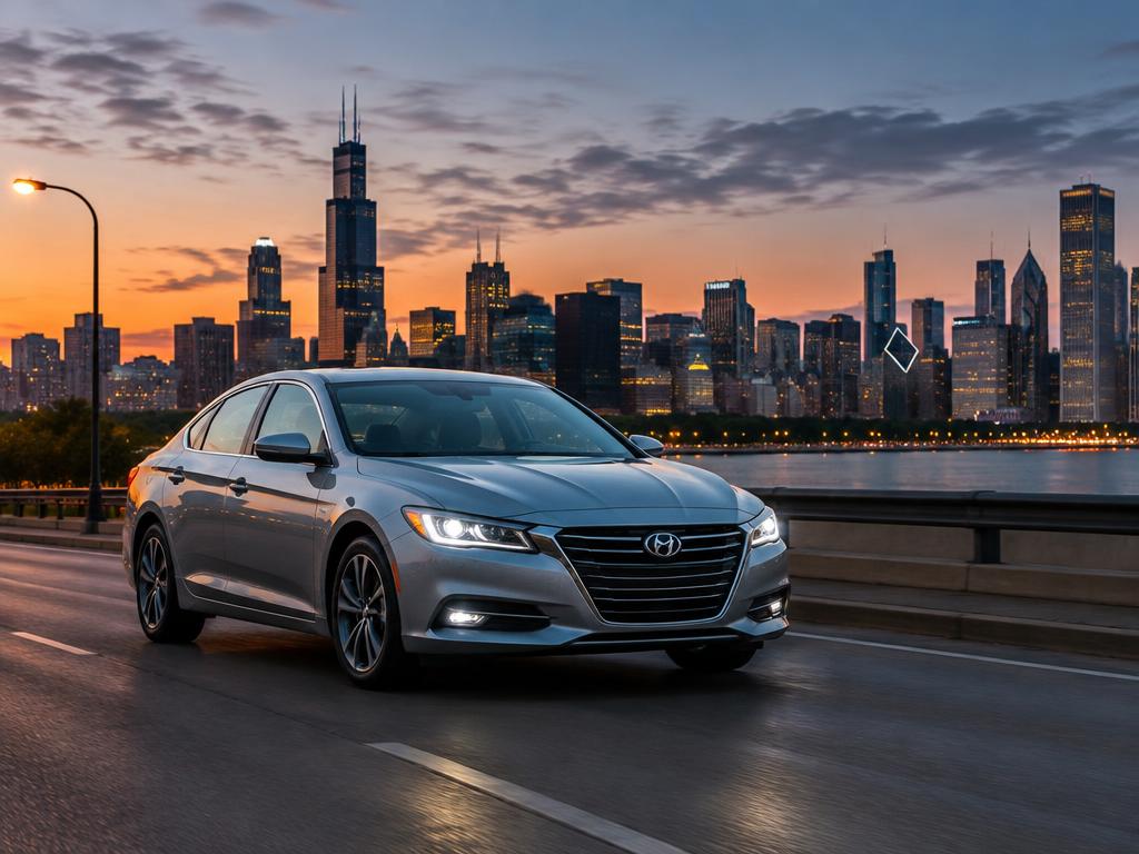 Silver sedan on a city road at dusk