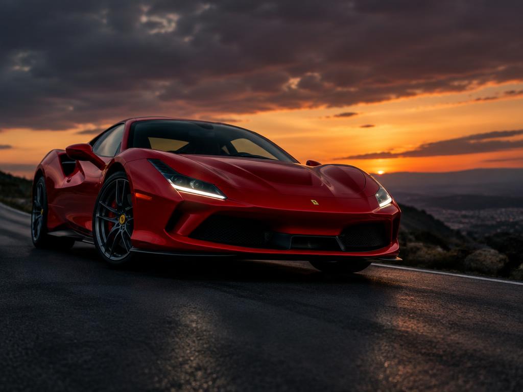 Red sports car on a road at sunset