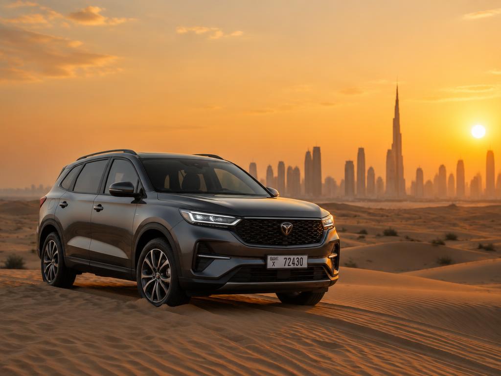 Grey SUV on desert dunes with Dubai skyline