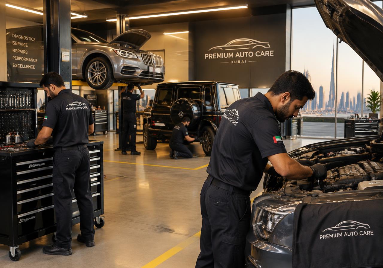 Mechanics working on cars inside the garage workshop